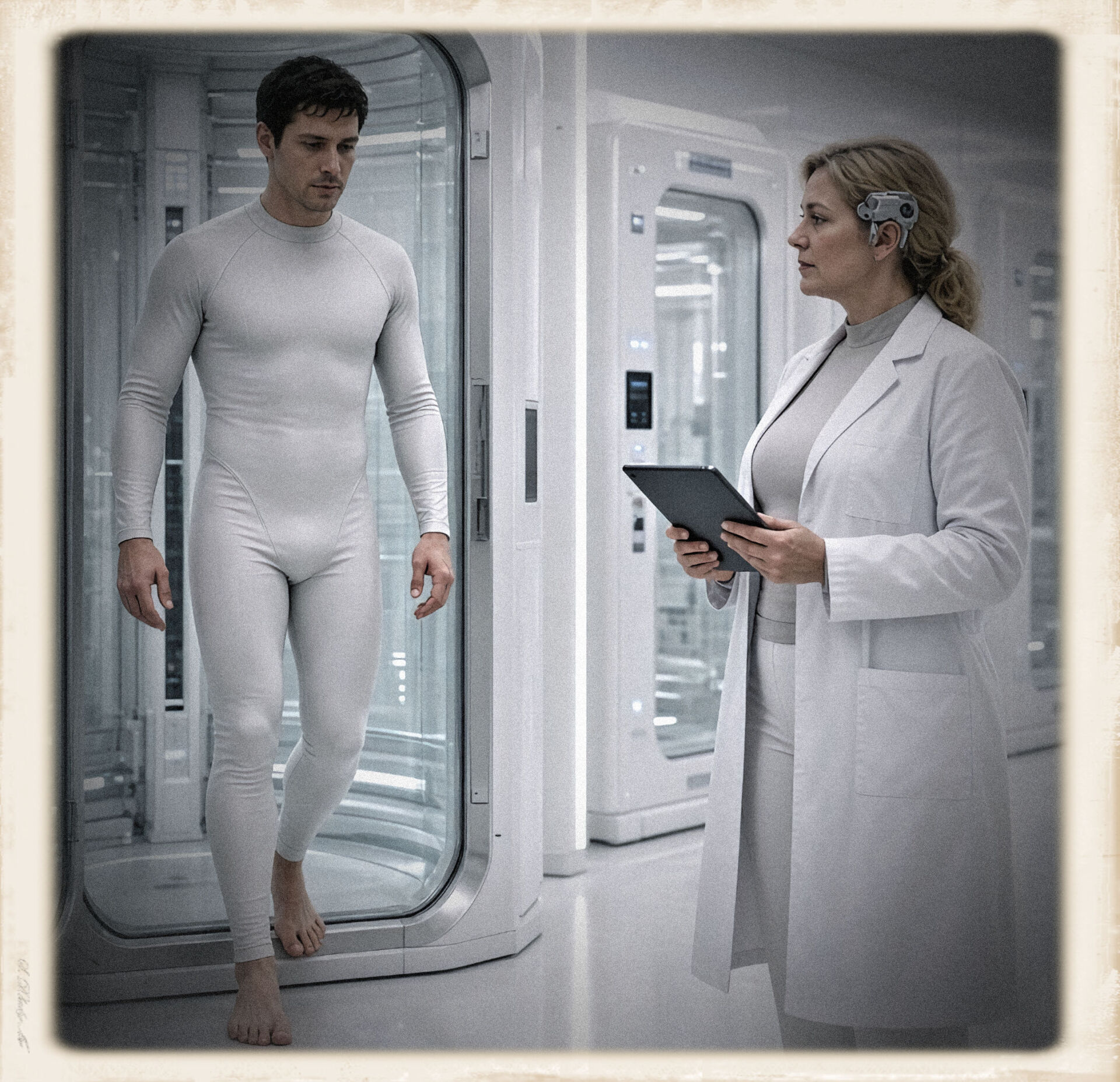 In a white sterile cryogenic hall, a man in a tight pale long-sleeve storage bodysuit steps barefoot from an open glass stasis tube, dark hair, eyes lowered. Facing him, a dirty-blonde woman in a white lab coat over pale clothes holds a dark data tablet. A small metallic cybernetic attachment sits at her left temple, hair pulled back. Further white stasis units recede behind her. The image is a square photograph with an aged cream border.