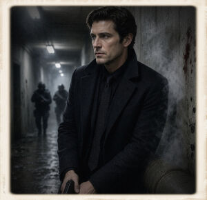 A man in a dark tailored overcoat, black shirt, and patterned tie stands in the foreground of a wet concrete corridor, pistol held low in his right hand. He has dark wavy hair and a controlled, distant expression, looking off to the left. Steam rises from a thick industrial pipe beside him. Blood is smeared on the concrete wall to his right. Further down the hallway, two armed figures in tactical gear approach under harsh overhead lights. The image is presented as a square photograph with an aged cream border.