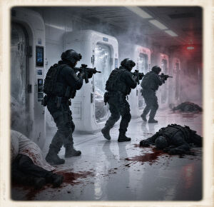 Three armed operators in black tactical gear and helmets move down a white cryogenic corridor with rifles raised, advancing past a row of glass-fronted stasis pods. Smoke hangs in the air; a red emergency light glows at the far end. In the foreground a figure in a blood-stained white coat lies on the glossy floor. To the right another body in dark tactical gear lies face-down in a pool of blood, a rifle beside them. A further casualty is visible down the hall. The image is a square photograph with an aged cream border.