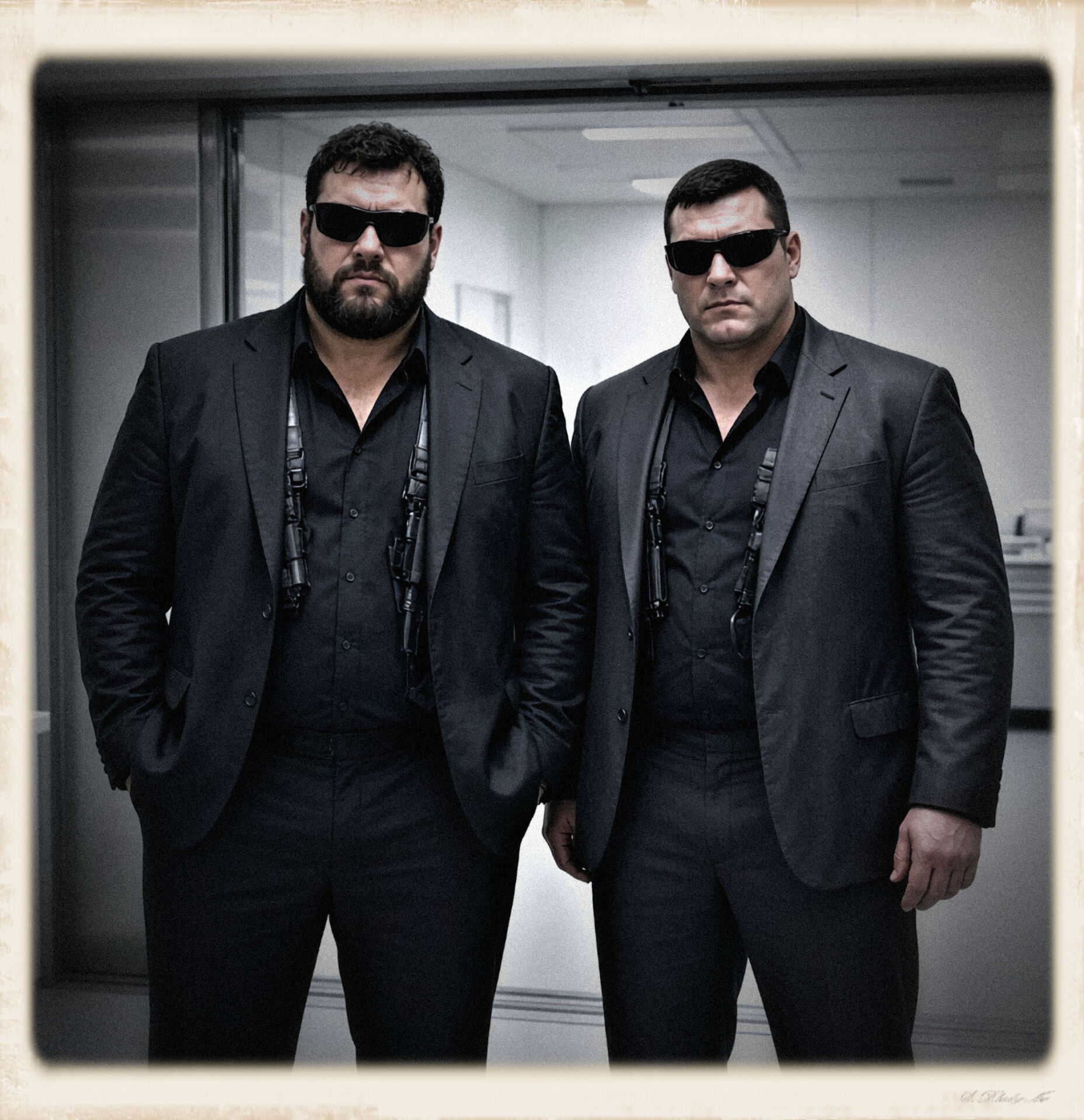 Vintage-framed photo of two large men in cheap dark suits and ballistic sunglasses standing in a laboratory doorway, shoulder holsters visible under their jackets.