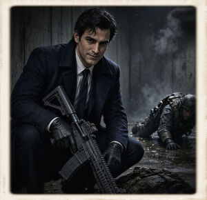 A man in a dark overcoat, white shirt, black tie, and black gloves crouches in a concrete corridor, holding an assault rifle across his knee. He looks toward the camera with a small wry smile. Dark wavy hair, composed face. In the background a wounded tactical operator crawls across the wet floor. Another downed combatant in tactical gear lies at the bottom of the frame. Steam hangs against the grey walls. The image is a square photograph with an aged cream border.