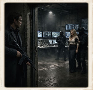 A man in a dark overcoat stands in a weathered concrete doorway in profile, holding an assault rifle across his body and looking into a command centre. Inside, a dirty-blonde woman in a light blouse and long dark skirt is held by a tactical operator whose gloved hand is on her shoulder; her expression is tense. A second armed operator stands among consoles and a wall of monitors. The floor is stained concrete. The image is a square photograph with an aged cream border.