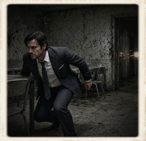 A man in a dark suit crouches low beside a metal table in a grey concrete mess hall, one hand braced on the table, looking intently toward the open doorway. Bullet holes and blood spatter mark the walls. A bright muzzle flash is visible in the hallway beyond the door. The floor is dirty and scattered with debris. The image has a soft polaroid-style border.