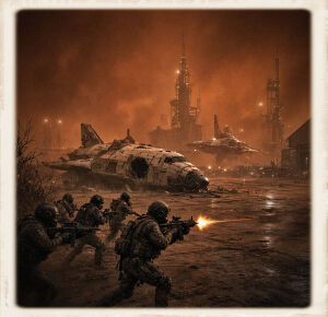 Armed troops in helmets and tactical gear advance across a cracked, wet spaceport apron under a rusty orange sky. In the foreground one soldier fires a rifle, muzzle flash bright. Behind them a wrecked shuttle lies on its belly, hull torn open. A second craft hangs or taxis in the haze beyond, with industrial towers and gantries rising through the fog. Dead brush sits at the left edge. The image is a square photograph with an aged cream border.
