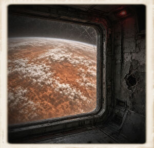View from inside a damaged orbital station through a large, scratched rectangular window. Earth fills the pane: white cloud fields mixed with a pervasive rusty orange fog across the surface, a thin blue atmosphere at the limb against black space. The window frame is worn metal. To the right, station bulkheads are cracked and peeling, with a dark ragged hole punched through the wall and a red warning light above. The image is a square photograph with an aged cream border.
