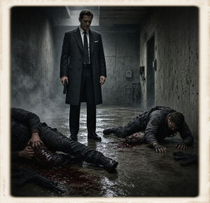 ALT: A man in a long dark overcoat, white shirt, and black tie stands in the centre of a wet concrete corridor, pistol held at his side, looking down with a controlled expression. In the foreground, a tactical operator lies on his back clutching a badly wounded thigh, blood pooled around the leg, a rifle on the floor beside him. Further right, a second operator in grey tactical gear is on his hands and knees, crawling, with a bloody wound to the leg and a dropped rifle nearby. Steam hangs in the hallway. The walls are scarred concrete; a door is visible at the far end. The image is a square photograph with an aged cream border.