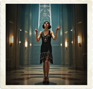 Picture of a flapper in a cavernous room, alone, snapping her fingers and getting a distant echo. Located in an opulent art-deco space, Clothing and styles appropriate for 1925 high class United States.