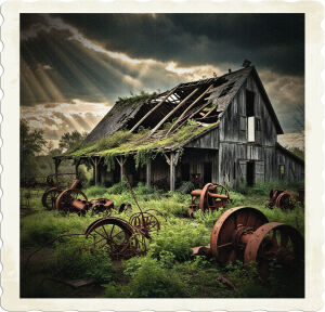 a moody, high-contrast photograph of a derelict 1800s farm, with rusty, overgrown farm equipment scattered throughout the yard, surrounded by tangled weeds and vines, the wooden barn's roof partially collapsed, with broken wooden beams protruding from the structure, and worn, faded wooden siding, set against a dramatic, cloudy sky with rays of sunlight peeking through the gaps, casting long shadows across the abandoned farm, in a warm, earthy color palette with muted greens, browns, and grays, evoking a sense of nostalgia and decay.
