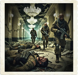 A cinematic, high-contrast photograph capturing a derelict luxury hotel's dimly lit hallway, littered with debris and shattered chandeliers, where two post-apocalyptic soldiers lie dead, their rusted armor and tattered gear scattered around them, while two other soldiers, clad in worn, earth-toned combat fatigues and scarves, advance cautiously, their guns at the ready, their faces weathered, with prominent facial scars, and a mix of determination and exhaustion etched on their worn, dirt-stained skin, with the hotel's once-opulent walls now cracked, and a sense of desolation and decay hanging in the air, as if time itself has been ravaged by the catastrophic event that ravaged the world.