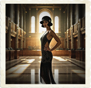 A cinematic photograph of a lone flapper, poised amidst the grandiose atmosphere of a lavish art deco council chamber, devoid of any other presence, transporting the viewer to the opulent era of 1925 high-society United States. The flapper, adorned in exquisite attire, boasts a fitted, fringe-hemmed dress with intricate beading, her raven-haired bob styled in sleek, finger-waved perfection, and a charming, cloche hat tilted at a rakish angle, its wide brim casting a subtle shadow on her heart-shaped face, featuring porcelain skin, crimson lips, and piercing emerald eyes. The expansive chamber, resplendent with ornate geometric patterns, gleaming metallic accents, and rich wood paneling, stretches out behind her, its high, vaulted ceiling lost in darkness, while warm, golden light pours in through towering windows, casting long, dramatic shadows across the polished marble floor, adding to the overall sense of luxury and sophistication.