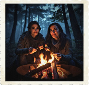 a cinematic, warm-toned photograph of two unrelated brunettes, one with a youthful glow in her twenties and the other with subtle laugh lines in her thirties, sitting shoulder to shoulder around a roaring campfire in the midst of a dense, misty forest, each holding a rustic wooden stick with sizzling meat, their faces illuminated by the golden flames as they savor their late-night snack, the atmosphere is cozy and intimate, with the surrounding trees towering above, their leafy branches silhouetted against the dark blue, star-studded sky, the warm light of the fire casting a gentle glow on the women's features, highlighting their dark hair, the younger one with a subtle smile, revealing a slight gap between her front teeth, and the older one with a more introspective expression, her forehead slightly furrowed, as they share a quiet, companionable moment in the stillness of the forest.