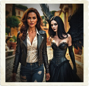 a cinematic, high-contrast photograph of a confident brunette woman with rich, chestnut-brown hair, expressive brown eyes, and subtle, rosy cheeks, wearing a fitted, black leather jacket, a crisp, white light shirt, and distressed, dark blue jeans, walking down a picturesque, cobblestone street in a pristine, ancient Roman city, with aged, honey-colored buildings, ornate fountains, and vibrant greenery, accompanied by a mysterious, brunette companion with striking, grey eyes, porcelain-like skin, and raven-black hair, adorned in a fitted, black lace corset, a flowing, pleated skirt, and magnificent, large, glossy black feathered wings, with intricate, lace-like details, against a backdrop of a warm, golden sunset.