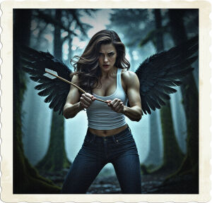 a low-key, cinematic photograph of a determined female angel with dark, feathered black wings, rich brown hair falling in loose waves down her back, wearing modern, dark-washed jeans and a fitted white tank top, intensely breaking a Wooden arrow in half with both hands, the tension evident in her muscles, against the backdrop of a misty, moonlit forest at night, with tall, moss-covered trees looming in the shadows, their branches like skeletal fingers reaching towards the sky, and a few stray rays of soft, ethereal light peeking through the canopy above, casting an otherworldly glow on the scene, in a tight, cinematic crop, with a shallow depth of field, blurring the trees into a eerie, dreamlike haze.