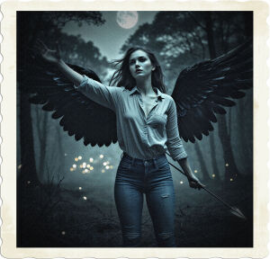a moody, atmospheric photograph of a determined Angel, with piercing, mesmerizing eyes and porcelain skin, standing heroically in the midst of a dark, misty forest at night, her black wings, with subtle, intricate feather details, outstretched to deflect a gleaming, metallic arrow, its trajectory halted mere inches from her face, while she wears a light, billowy shirt, partially unbuttoned, and fitted blue jeans, with faint, ripped knee details, the only sources of light coming from the soft, lunar glow peeking through the treetops and the faint, flickering luminescence of fireflies dancing in the distance, capturing the intense, dramatic moment in a cinematic, high-contrast, black-and-white image with a shallow depth of field, focusing attention on the Angel's powerful, wing-deflecting pose.