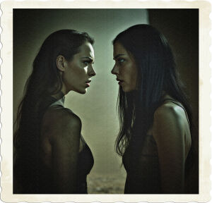 a moody, cinematic photograph featuring a brunette, her dark hair cascading down her back, with piercing steel-grey eyes gazing intensely at a mysterious woman with raven-black hair and piercing green eyes, standing at a distance, their bodies language screaming tension, yet their faces frozen in an awkward, unspoken stalemate, as if the words are caught in their throats, flooded with unspoken emotions, set against a muted, earthy toned backdrop with soft, warm lighting, casting long shadows that amplify the sense of unease, the overall atmosphere thick with anticipation and unresolved conflict, captured in a horizontal frame with a shallow depth of field, focusing on the women's faces, emphasizing the emotional intensity of the moment.