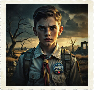 a dramatic, high-contrast, cinematic photograph of a determined-looking boy scout in his early teens, wearing a utility belt and backpack, with a badge on his chest that reads "Be Prepared for the Apocalypse" in bold, distressed font, set against a moody, ominous backdrop of a deserted, post-apocalyptic landscape with dark clouds, ruins, and sparse, twisted trees, lit by a warm, golden light, with the boy scout's facial features illuminated, showcasing his focused expression, prominent eyebrows, and freckled skin, with a subtle, gritty film grain effect to enhance the photograph's cinematic feel.