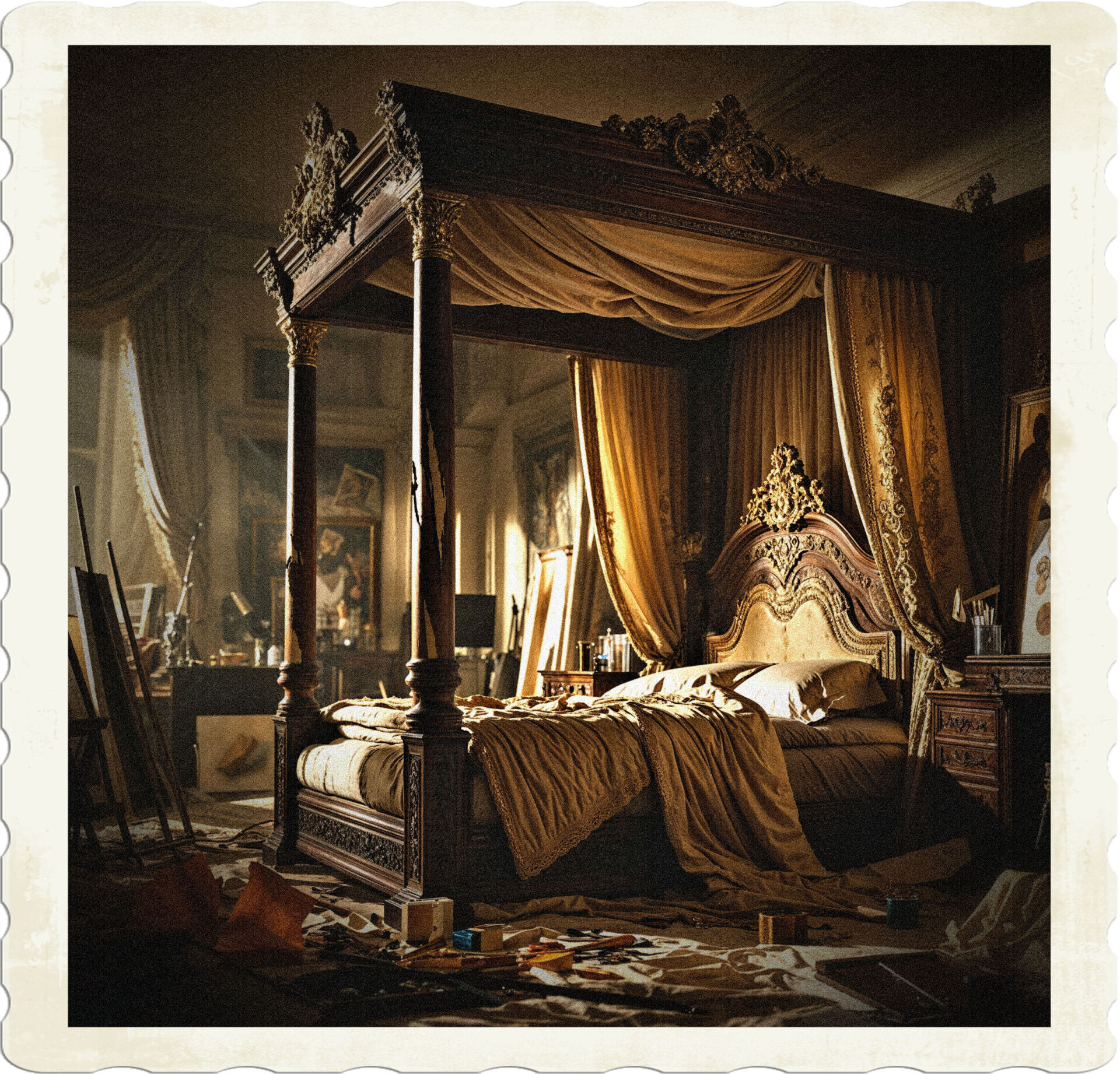 A dramatic, cinematic photograph of an opulent, dimly lit bedroom transformed into an artist's lair, with an ornate, four-poster bed as its centerpiece, its wooden pillars bearing scars of notches cut into them with a knife, suggesting a story of turmoil and creativity. The bed's intricately carved headboard and footboard are adorned with gilded accents, while luxurious velvet drapes, richly patterned with golden embroidery, cascade down its sides. Amidst the lavish decor, art supplies are scattered across the room, with paintbrushes, canvases, and half-finished masterpieces strewn about, evoking a sense of artistic expression and chaos. The atmosphere is heavy with creativity, with warm, golden lighting casting long shadows across the walls, adding to the dramatic flair of the scene. The overall mood is one of mystery, inviting the viewer to unravel the narrative behind this enigmatic, artistic retreat.