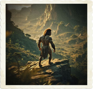 A dramatic, low-angle, cinematic photograph of a majestic, powerful figure, possibly a regal lion or a strong, muscular man, standing atop a mountain or a rocky cliff, overlooking a vast, lush landscape with an abundance of flora and fauna, conveying a sense of dominance and abundance, with warm, golden lighting and a shallow depth of field, emphasizing the figure's strength and the richness of the environment, with deep greens, earthy tones, and subtle, muted colors, and a sense of movement and energy, as if the figure is about to pounce or take a step forward, capturing the essence of the phrase "Everything that lives and moves about will be food for you" in a bold, epic, and surreal way.