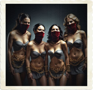 a dramatic, high-contrast cinematic photograph of four goddesses from various mythologies, each gagged with a thick, luxurious velvet ribbon and bound by intricate, ornate golden chains that adorn their wrists and ankles, their eyes conveying a sense of defiant struggle, set against a dark, gradient grey background that falls off into blackness, with subtle, warm golden lighting that highlights the curves and contours of their faces and bodies, capturing the tension and sensuality of the scene, with a shallow depth of field that blurs the background and emphasizes the goddesses' forms, shot from a low angle to evoke a sense of power and vulnerability.
