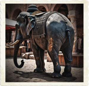 It was made of iron, and resembled an elephant. The artistry put into this creature was exquisite, but it was the purpose that bothered her. The black scorch marks along the beast’s belly were a clue as was the hatch in the rear. Located in a pristine Roman city, specifically in a bazaar like marketplace. 