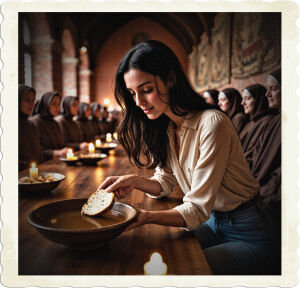 a warm, cinematic photograph of a young, dark-haired woman with a gentle, introspective expression, wearing a pair of fitted, light-faded blue jeans and a soft, cream-colored blouse, dipping a crusty piece of bread into a steaming bowl of broth as she sits at a long, wooden table in a grand, high-ceilinged meal hall with rustic, red-brick walls adorned with ornate, centuries-old tapestries, surrounded by a gathering of nuns and monks in humble, earth-toned habits, their faces aglow with soft, warm candlelight, the atmosphere tranquil and contemplative, the camera's focus soft and shallow, with a shallow depth of field, drawing attention to the woman's serene, bread-dipping gesture.