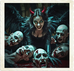 a cinematic photo of a brunette woman with pale skin and piercing green eyes wearing a devil's costume with large black feathered wings and a mischievous grin waking up from a psychotic break surrounded by dead vampires with pale skin and bloodstained fangs in a bloody scene with a dark and ominous atmosphere, the photography style is dramatic with high contrast and bold lighting, the brunette's facial features are contorted in a mix of confusion and fury, her dark hair is disheveled and her black feathered wings are spread wide, the dead vampires are posed in a chaotic manner with blood splattered everywhere, the overall mood is dark and haunting.