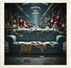 a cinematic photo of a couch riddled with bullet holes, situated in a massive warehouse-like space filled with an assortment of weapons, glittering jewelry, vintage clothing, and eclectic furniture, with a dramatic play of light and shadow, capturing the eerie atmosphere of a post-apocalyptic scene, the couch's torn and tattered fabric a stark contrast to the opulent surroundings, with the camera's focus on the couch's bullet-riddled surface, incorporating a shallow depth of field to blur the background, emphasizing the subject's textures and details, in a gritty, high-contrast photography style.