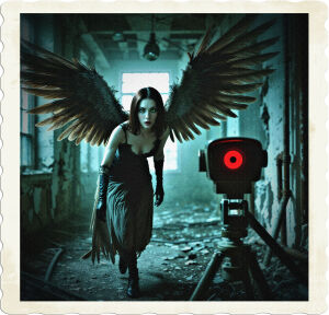 A dimly lit, cinematic photograph of a mysterious brunette woman with porcelain skin and piercing green eyes, sporting large, intricately feathered wings that stretch upwards, their dark brown and grey Plumage subtly rustling as she moves, sneaking through a dimly lit, abandoned, crumbling building with broken windows, peeling paint and rusty pipes, while a surveillance camera with a worn, metallic body and a lone, glowing red eye, mounted on a creaky tripod, focuses intently on her, capturing her every move in eerie, high-contrast tones, the atmosphere thick with tension and secrecy, the overall mood evoking a sense of foreboding and mystery.