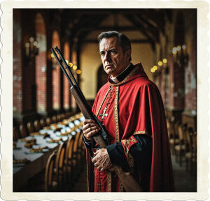 A dramatic, high-contrast cinematic photograph of a middle-aged man with a strong jawline and piercing brown eyes, dressed in the ornate red garb of a Catholic cardinal, clutching a worn, wooden-stocked rifle in his right hand. The somber, rustic atmosphere is set in a grand, high-ceilinged dining hall with rows of long, polished to a warm sheen, and lined with sparse, ornate wooden chairs, set against the backdrop of weathered, red-brick walls, adorned with faded, golden sconces, casting a warm, soft light. The overall mood is one of contemplation, as if he is lost in thought, surrounded by the remnants of a once-grand feast, now abandoned, with only a few scattered, and the faint hint of a forgotten meal lingering in the air.