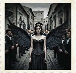 a cinematic, high-contrast, black and white photograph of a striking brunette with piercing grey eyes, adorned in a fitted black lace corset, a flowing black skirt, and majestic large black feathered wings that appear almost ethereal, standing confidently in the midst of a crowd of formally dressed gentlemen, all fixated on her, in a pristine ancient Roman town, evoking the opulence of the 1900s, with intricate stone buildings, ornate fountains, and winding cobblestone streets, the atmosphere thick with anticipation and admiration, capturing the essence of a bygone era through the lens of a master photographer.