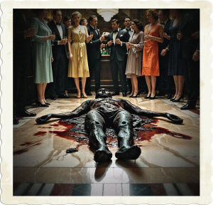Picture of a charred corpse in the middle of a marble floor, the crowed surrounding the corpse look as though they are having a party. Located in an opulent art-deco lounge, clothing and styles appropriate for 1925 high class United States.