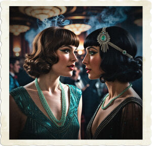 A flapper with brown hair chatting with a black haired and greened eyed beauty.. Located in an opulent art-deco club with blue cigarette smoke filling the air, clothing and styles appropriate for 1925 high class United States.