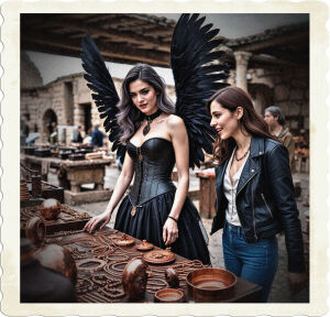 Brunette with grey eyes, black corset and skirt, and large black feathered wings is looking at copper jewellery. A brunette with brown eyes, blue jeans, leather jacket, and a light shirt is chatting nearby.  Located in a pristine Roman era open-air bazaar and accoutrements devoid of people.