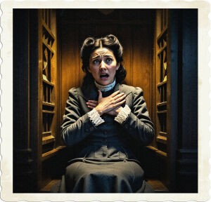 A cinematic, high-contrast photograph of a distressed woman sitting in a dimly lit, ornate confessional booth, grasping her chest with a mixture of fear and anxiety etched on her pale, heart-shaped face, her brown eyes wide with alarm as if a loud, jarring noise has awakened her from a state of introspection, her raven-black hair styled in an updo adorned with a few stray, curly tendrils framing her forehead, wearing a long, dark grey, high-neckline wool coat with a fitted, floor-sweeping skirt, and a crisp, white, lace-trimmed blouse with a high collar, all evocative of the conservative, practical styles of a 1915 Canadian coastal mining town, the scene illuminated by a faint, warm, golden light seeping through the wooden latticework of the confessional, casting deep, mysterious shadows on the walls behind her.