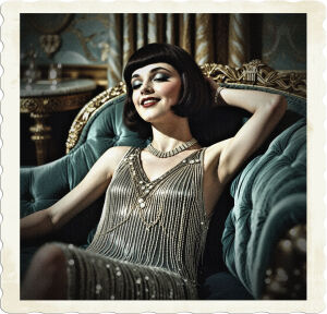 a dramatic, high-contrast, cinematic photograph of a young flapper, with piercing grey eyes and dark brown hair stylishly bobbed, reclining languidly on a plush, velvet-covered chaise lounge, her lips curled into a soft, enigmatic smile as she hums a gentle tune, her eyes closed in rapturous abandon, surrounded by the luxurious, ornate furnishings of an opulent art-deco hotel room, complete with intricately patterned silk wallpaper, marble-topped tables, and a backdrop of heavy, gold-embroidered drapery, every detail, from the delicate beading on her fringe dress to the glittering diamonds on her necklace, evoking the glamorous excess of 1925 high society in the United States.