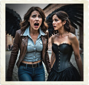 A brunette with brown eyes, blue jeans, leather jacket, and a light shirt panicked and screaming. Next to her is brunette with grey eyes, black corset and skirt, and large black feathered wings move away from the other looking concerned. Located in a pristine Roman City.
