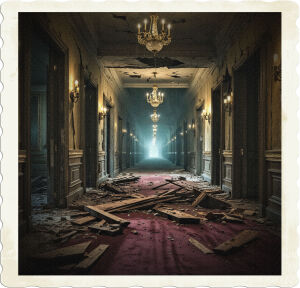 a cinematic photograph of a long, dimly lit, and eerily abandoned luxury hotel hallway, with splintered wood fragments and debris scattered across the worn, velvet-covered floor, blown out from the gaping, wide-open hotel room doors, their rusted hinges twisted and broken, revealing hints of the once-opulent, now- decaying rooms behind, the walls cracked and peeling, with faded gold accents and intricate moldings, the air thick with the atmosphere of neglect and decay, lit by a faint, eerie glow seeping through the grimy, ornate chandeliers above, casting long shadows across the walls, and illuminating the haze of dust motes suspended in the stagnant air.
