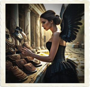 a dramatic, high-contrast cinematic photograph of a brunette woman with striking grey eyes, porcelain-like skin, and elegant facial features, dressed in a fitted black corset with intricate lace details, a flowing black skirt with subtle tiered layers, and majestic large black feathered wings sprouting from her back, intently gazing at an array of intricately designed copper jewellery displayed on a ornate wooden pedestal, set amidst a tranquil, sun-drenched Roman era open-air market, adorned with marble columns, worn stone flooring, and lush greenery, with a warm, golden light casting long shadows, and a soft, atmospheric haze, devoid of people, capturing the essence of a bygone era.