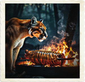 a dramatic, warm-toned, cinematic photo of a majestic cougar, its fur a vibrant orange-brown, gazing intently at an enormous, succulent tiger roast rotating over a crackling, golden-hued fire pit, set against a dark, misty forest backdrop, with smoke wafting upwards, illuminated by the warm glow of the flames, photography.