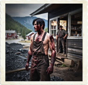 Photograph of a man In the distance by the general store with black hair, dressed as a miner, face and hands covered in blood and coal dust. Scene and clothing appropriate for a 1915 Canadian coastal mining town home.