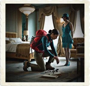Picture of a woman with modern hiking clothing and a red backpack, kneeling down as down in a crime scene, while an era accurate flapper observes. Located in an opulent art-deco bedroom, Clothing and styles appropriate for 1925 high class United States.