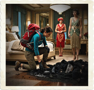 Picture of a woman with modern hiking clothing and a red backpack, kneeling down as through in a crime scene containing a pile of ash and burnt flooring, while an era accurate flapper observes. Located in an opulent art-deco bedroom, Clothing and styles appropriate for 1925 high class United States.