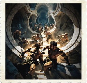 A dramatic, high-contrast cinematic photograph capturing the intense clash of opposing forces amidst a labyrinthine maze, where intricately carved marble walls and floor converge with vaulted ceilings, creating a sense of disorienting complexity, with no clear pathways or linear perspectives, as if the fighters are trapped in a never-ending puzzle, the atmosphere thick with tension and anticipation, the marble's cool tones of white and grey offset by the warm, golden light casting long shadows and emphasizing the rugged, weathered features of the battle-weary combatants, their faces set in fierce determination, sweat-drenched skin glistening in the dim light, every detail rich with texture and depth, inviting the viewer to step into the heart of the chaotic fray.