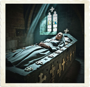 A somber, cinematic photograph of an elderly nun, reclining in a weathered stone coffin, adorned with intricately carved crosses and symbolic motifs, nestled in the alcove of a dimly lit, with faint rays of light peeking through the medieval chapel's stained glass windows, casting an eerie, ethereal glow on the scene, her serene face a picture of peaceful repose, her wrinkled skin a testament to a life of devotion, her habit, a soft, muted grey, with a crisp, white wimple framing her gentle features, the atmosphere heavy with the whispers of centuries past, the chapel's stone walls bearing witness to the passing of time.