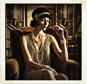 A dramatic, high-contrast photograph of a contemplative flapper, lost in thought, set against the lavish backdrop of an opulent art-deco room, evoking the luxury and sophistication of 1925 high-society United States. The flapper, adorned with a intricate beaded fringe dress, pearl necklace, and a fashionable cloche hat, sits poised on a velvet-upholstered armchair, her slender fingers grasping a delicate, ornate cigarette holder. Her porcelain skin glows with a subtle sheen, her almond-shaped eyes, painted with a subtle cat-eye, gaze downward, shrouded in introspection. The art-deco room, resplendent with geometric patterns, gleaming metallic accents, and ornate fixtures, is bathed in a warm, golden light, casting dramatic shadows that accentuate the subject's pensive demeanor.