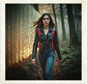 a cinematic photograph of a young adult brunette female with piercing brown eyes and a few loose strands framing her heart-shaped face, wearing a pair of fitted blue jeans, a black leather jacket with silver zippers, and a vibrant red backpack with multiple compartments, hiking through a dense and misty forest with tall trees and overgrown underbrush, her shoes kicking up fallen leaves and twigs as she walks, on her left side there is a shimmering wall of iridescent energy that blocks her view of what lies beyond, the air is filled with an otherworldly glow, with warm golden light filtering through the canopy above, casting dappled shadows on the forest floor, the overall mood is tense and mysterious, as if she's on the cusp of discovering a hidden truth, captured in a wide-angle shot with a shallow depth of field, emphasizing the subject and the energy wall.