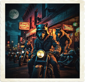 a cinematic nighttime photo of a dimly lit inner-city dive bar with several motorcycles parked up front under the glow of neon signs, with a full moon visible in the sky, several large werewolves are in the frame, one wearing a worn German helmet from WWI, with rugged facial features and thick fur, the photography style is gritty and high contrast, with deep shadows and warm golden lighting spilling out of the bar onto the sidewalk, the colors are muted and darker, with shades of indigo and blue dominating the scene, the werewolves are positioned in a way that fills the frame, with one sitting on a motorcycle and another standing at the entrance of the bar, the overall mood is ominous and foreboding.