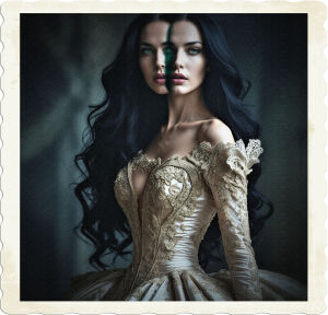 a cinematic photograph of a woman with raven-black hair cascading down her back, piercing green eyes, and porcelain skin, wearing a lavish, floor-sweeping, high-fashion gown with intricate lace details, looking simultaneously in two directions, her face bisected by the double exposure effect, capturing two distinct emotions in a single frame, set against a blurred, darkened background that accentuates her luxurious attire, with bold, dramatic lighting that highlights the folds and textures of the gown, evoking a sense of mystery and intrigue, with a shallow depth of field that isolates the subject, emphasizing her enigmatic presence.
