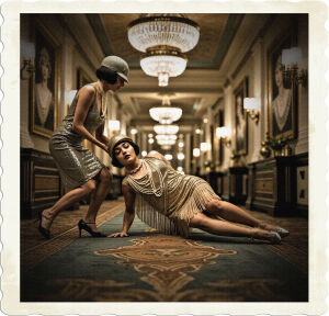 A dramatic, cinematic photograph capturing the lavish atmosphere of 1925 high-class United States, featuring an Unconscious Flapper, elegantly dressed in a beaded fringe dress, pearl necklace, and a fashionable cloche hat, being dragged along the floor by another flapper, adorned in a sparkling sequined dress, her bobbed hair styled perfectly, amidst the opulent art-deco carpeted hallway, with intricate patterns and ornate furnishings, the walls adorned with glamorous portraits, softly lit by ornate chandeliers, evoking a sense of luxury and drama, the photo shot in a low-angle perspective, with a shallow depth of field, emphasizing the intensity of the moment, the overall mood conveyed through a warm, muted color palette with hints of gold and silver, accentuating the grandeur of the setting.