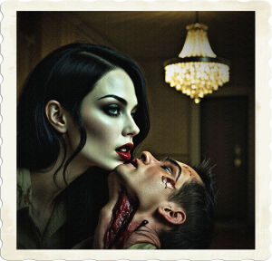a moody, film-noir-inspired photograph of a ravishing female vampire, with porcelain skin, raven-black hair, and piercing emerald eyes, feeding from the neck of a weathered, post-apocalyptic soldier, clad in tattered, olive-drab fatigues, in a dimly lit, abandoned hotel room, with peeling, beige wallpaper, and a single, flickering, ornate chandelier hanging from the ceiling, casting eerie shadows, while the soldier's rifle lies abandoned on the floor, amidst the remnants of a once-luxurious, now-shattered world, captured in a cinematic, high-contrast style, with a shallow depth of field, emphasizing the intimate, precarious moment, with rich, muted tones of crimson, gold, and crimson, evoking a sense of foreboding and decay.